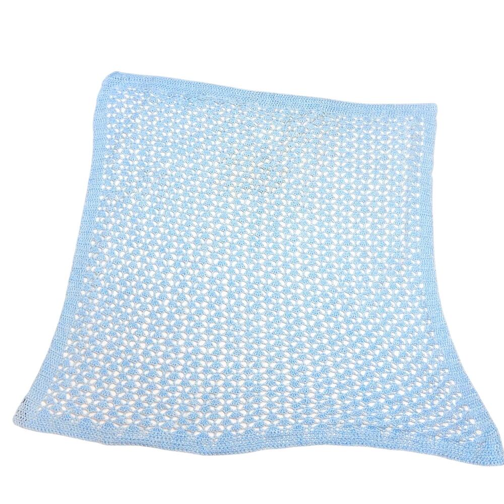 Handmade Light Blue Crocheted Baby Blanket 49X43" Lacy Openwork Open-shell